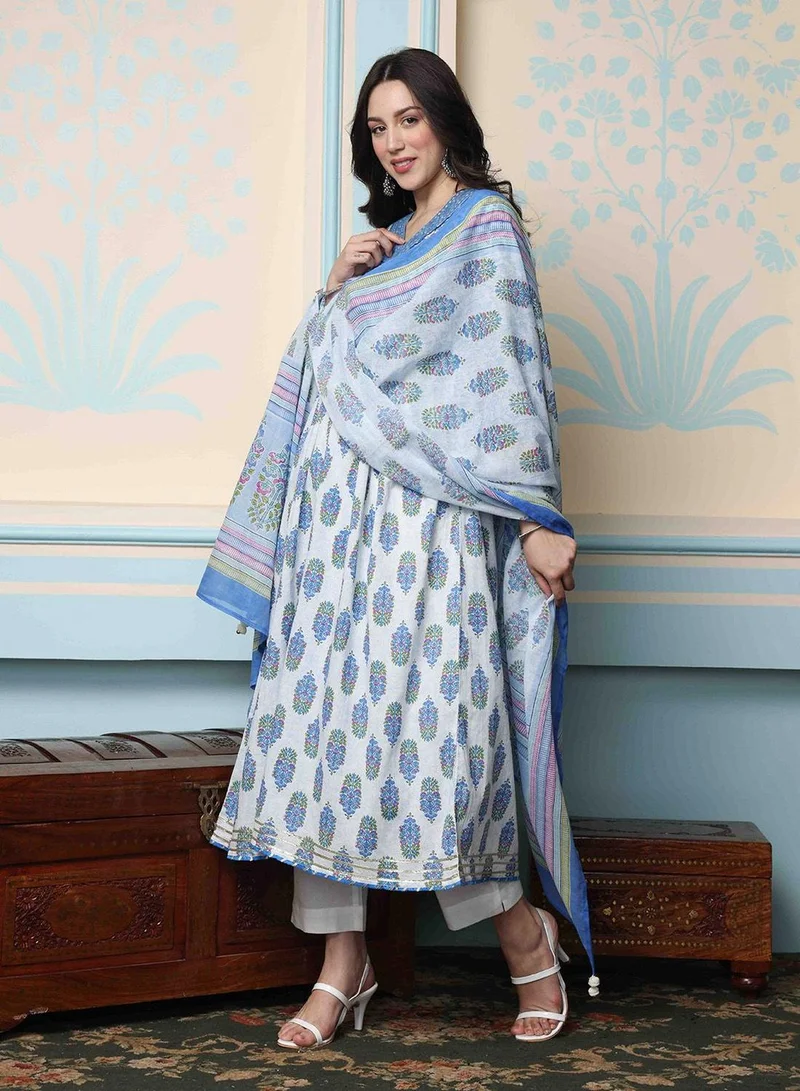 ISHIN Women'S Blue 100% Cotton Self Design Full Length Palazzo Kurta Set